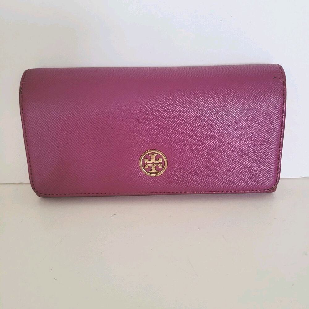 Tory Burch Purple Pink Saffiano Leather Enveloe Large Wallet Long Clutch